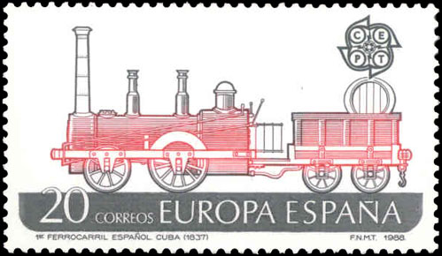 Sello conmemorativo del sesquicentenario del primer ferrocarril espaol: La habana-Guines, 1988.