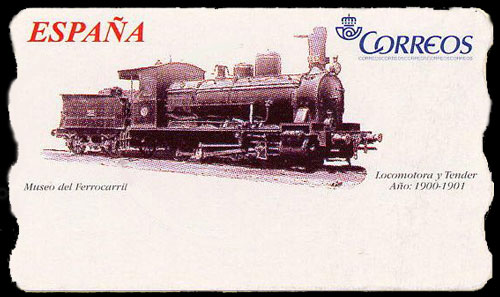 Sello con una locomotora y su tnder de 1900, preservada en el Museo del Ferrocarril de Madrid.